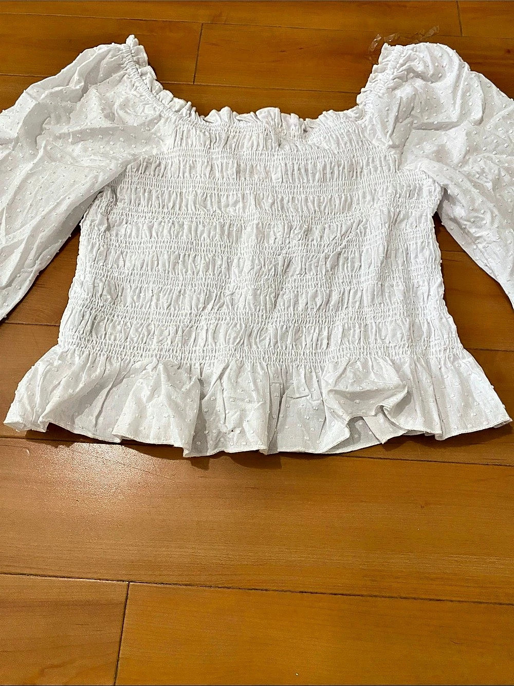White Smocked Ruffle Blouse Like New - Picture 2 of 7